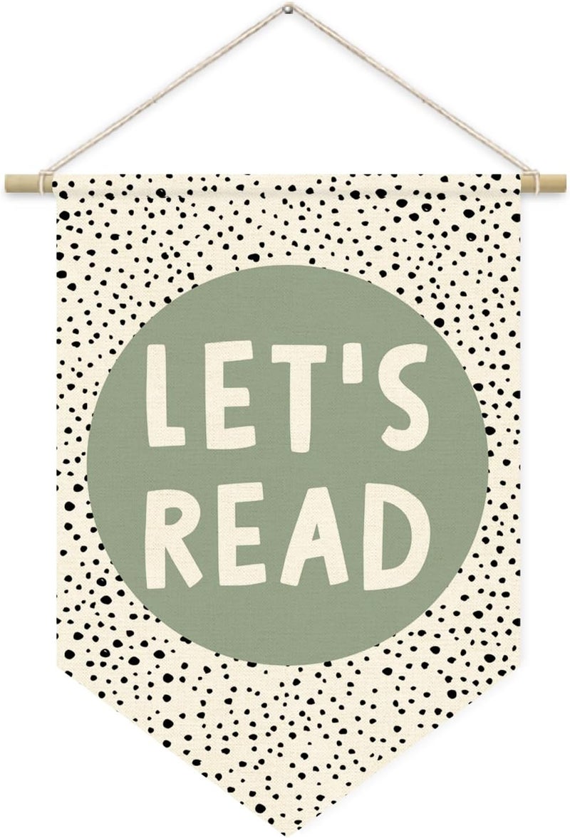 ETVISO Let's Read Sage Green Banner, Boho Classroom Decor, Trendy Black Dots Wall Hanging Pennant Flag Banner Decor for Reading Corner Nook - Image 1